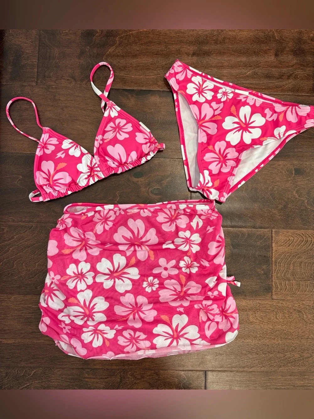 NEW 3-Piece Girls Swim Suit Set Bikini Bathing Pink Hibiscus Tropical Print, 10